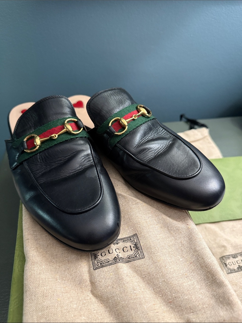 Gucci Black Leather Slip-On Mules with Green-Red Web and Gold Horsebit